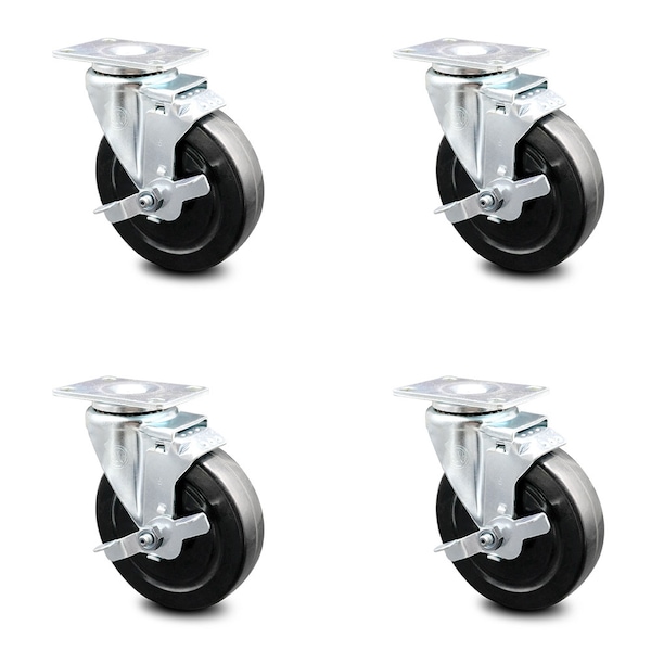5 Inch Hard Rubber Wheel Swivel Top Plate Caster Set with Brake